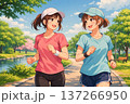 笑顔でジョギングを楽しむ若い女性二人 春の公園ランニング風景 アニメ風イラスト 16:9 137266950