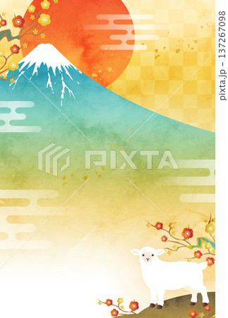 水彩の富士山と羊と初日の出の2027年年賀状のベクターイラストテンプレート(未年,羊,未) 水彩の富士山と羊と初日の出の2027年年賀状のベクターイラストテンプレート(未年,羊,未) 137267098
