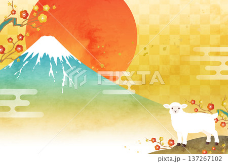水彩の富士山と羊と初日の出の2027年年賀状のベクターイラストテンプレート(未年,羊,未) 137267102