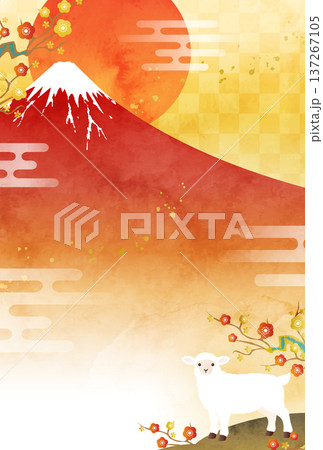 水彩の富士山と羊と初日の出の2027年年賀状のベクターイラストテンプレート(未年,羊,未) 137267105
