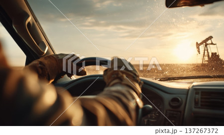 POV from Service Vehicle with Gloved Hands on Wheel Facing Pumpjack at Sunset 137267372