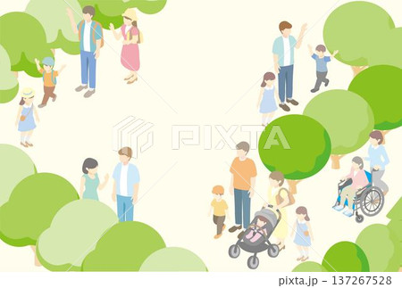 多様な人々が過ごす夏の公園のアイソメトリックイラスト。街づくり・福祉・家族旅行のコンセプト背景 137267528