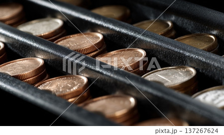 Macro Close-Up of Coin Sorting Mechanism with Metallic Microtextures 137267624