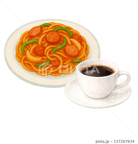 ナポリタンとコーヒー 水彩イラスト パスタ料理 カフェメニュー素材 137267634