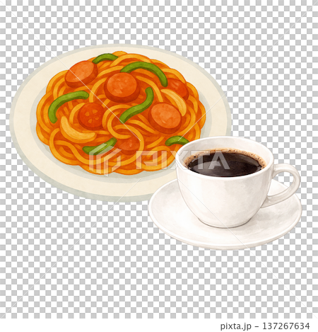 ナポリタンとコーヒー 水彩イラスト パスタ料理 カフェメニュー素材 137267634