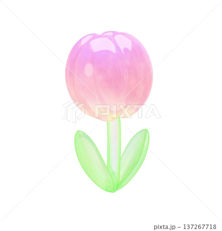ゆめかわいい3Dガラスチューリップ　ピンク透明感ぷっくり花茎付き装飾素材 137267718