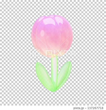 ゆめかわいい3Dガラスチューリップ　ピンク透明感ぷっくり花茎付き装飾素材 137267718