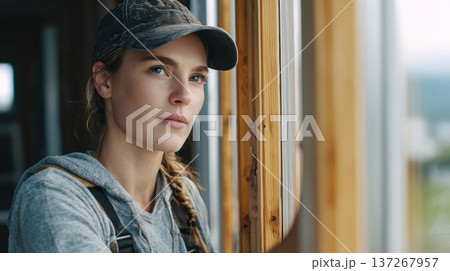 Female Installer Checking Door Alignment in Casual Workwear 137267957