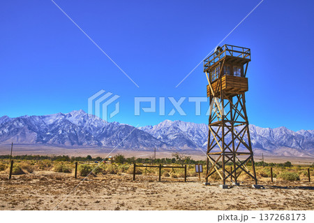 Manzanar Guard Tower with Eastern Sierra Mountains and California Desert Landscape 137268173
