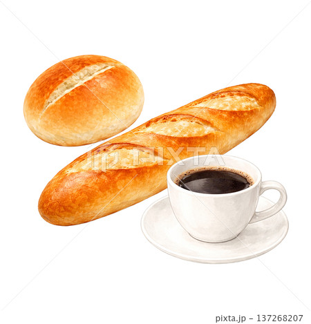 ーヒーとパンのセット 水彩イラスト 朝食 カフェメニュー ベーカリー素材 137268207