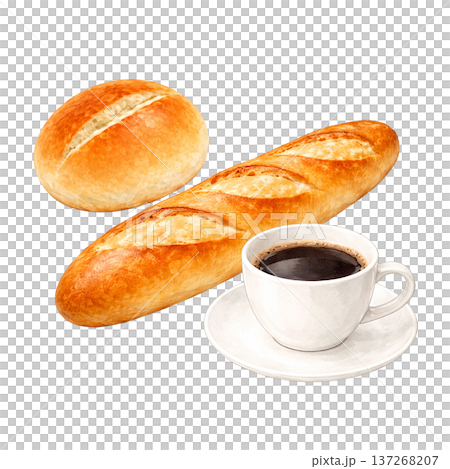 ーヒーとパンのセット 水彩イラスト 朝食 カフェメニュー ベーカリー素材 137268207