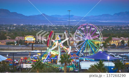 Aerial Ferris Wheel Carnival Ride and Festival Tents Las Vegas Golden Hour Aerial Ferris Wheel Carnival Ride and Festival Tents Las Vegas Golden Hour 137268290