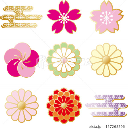 和風の花のアイコンイラストセット。梅、桜、菊の伝統的な紋様と和モダンの装飾パーツ　飾り　あしらい 137268296