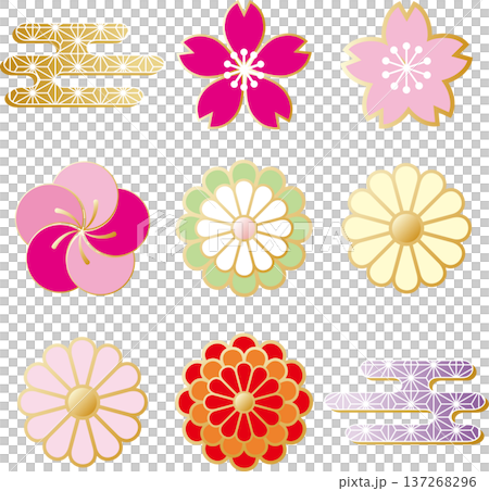 和風の花のアイコンイラストセット。梅、桜、菊の伝統的な紋様と和モダンの装飾パーツ　飾り　あしらい 137268296