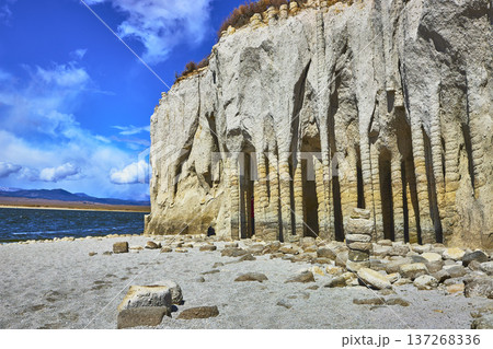Crowley Lake Stone Columns and Shoreline with Sierra Mountains Under Blue Sky Crowley Lake Stone Columns and Shoreline with Sierra Mountains Under Blue Sky 137268336