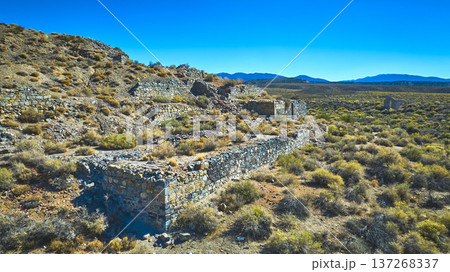 Abandoned Stone Ruins and Desert Landscape Aerial California White Mountain Abandoned Stone Ruins and Desert Landscape Aerial California White Mountain 137268337
