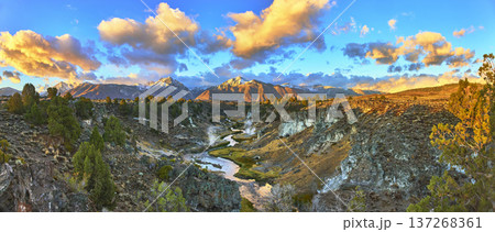 Panorama of Snowy Sierra Mountains River and Sunrise Over Rugged Eastern California 137268361