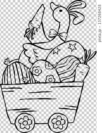 Cute Easter Silly Goose Outline Bunny Enjoying Carrot in Easter Eggs Cart Cartoon Hand Drawn Cute Easter Silly Goose Outline Bunny Enjoying Carrot in Easter Eggs Cart Cartoon Hand Drawn 137268428