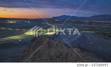 Aerial Las Vegas Highway Lights and Desert Landscape at Blue Hour Aerial Las Vegas Highway Lights and Desert Landscape at Blue Hour 137268447