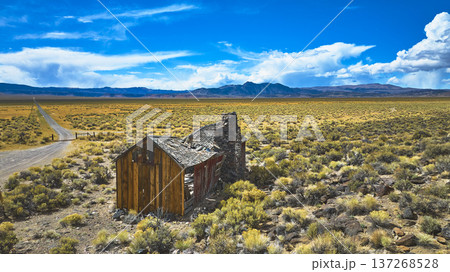 Aerial Abandoned House and Dirt Road in Vast California Desert Landscape 137268528