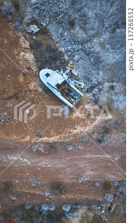Aerial Abandoned Boat on Desert Terrain Near Lava Butte Nevada Top Down 137268552