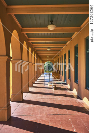 Spanish Style Archway Corridor with Sunlight and Shadows at Kelso Visitors Center 137268564