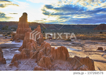Cathedral Gorge Sandstone Formations at Golden Hour with Dramatic Clouds 137268578