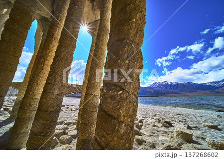Crowley Lake Stone Columns Sunburst Sierra Mountains and Lake Shoreline Crowley Lake Stone Columns Sunburst Sierra Mountains and Lake Shoreline 137268602