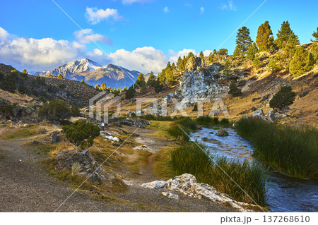 Snow Capped Mountain River and Hot Creek Geologic Site in California Eastern Sierra 137268610