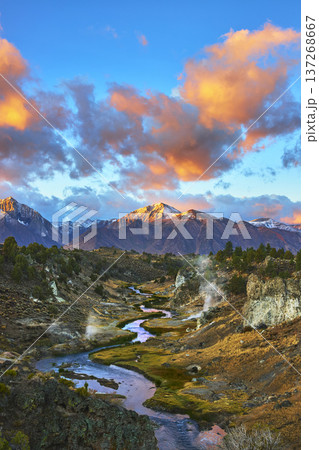 Snow Capped Mountain Sunrise River and Hot Spring in Eastern Sierra California 137268667