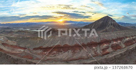 Aerial Lava Butte Sunrise Panorama Over Nevada Desert Mountain Landscape Aerial Lava Butte Sunrise Panorama Over Nevada Desert Mountain Landscape 137268670
