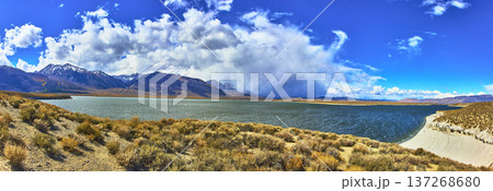 Panorama Crowley Lake and Eastern Sierra Mountains with Dramatic Sky and Desert Foreground 137268680