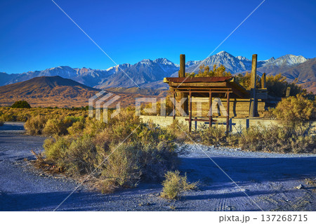 Abandoned Wooden Building in Owens Valley with Snow Capped Mountains and Wild Sagebrush Abandoned Wooden Building in Owens Valley with Snow Capped Mountains and Wild Sagebrush 137268715