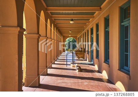 Arched Walkway With Shadows at Historic Kelso Visitors Center in Mojave California Arched Walkway With Shadows at Historic Kelso Visitors Center in Mojave California 137268805