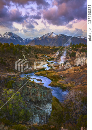 Snow Capped Mountains Sunrise River and Hot Spring in Eastern Sierra California Snow Capped Mountains Sunrise River and Hot Spring in Eastern Sierra California 137268821