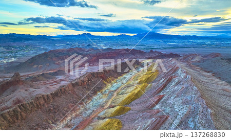 Aerial Lava Butte Colorful Desert Ridges and Las Vegas Skyline at Sunset Aerial Lava Butte Colorful Desert Ridges and Las Vegas Skyline at Sunset 137268830