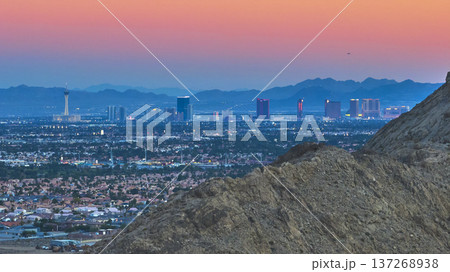 Las Vegas Strip Skyline Golden Hour View with Lone Mountain and Desert Neighborhoods 137268938
