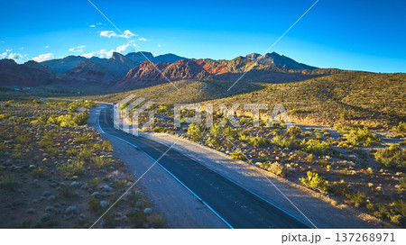 Aerial Red Rock Canyon Desert Road and Turtlehead Peak Nevada Landscape 137268971