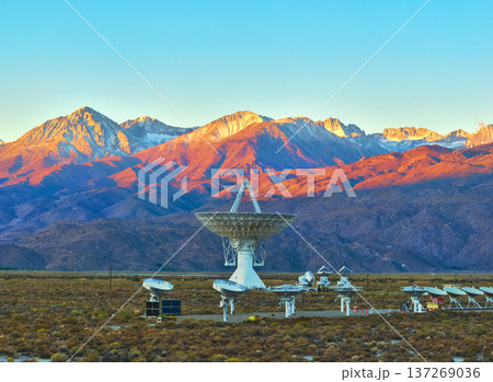 Panorama Radio Observatory Array and Snow Capped Mountains at Sunrise California Panorama Radio Observatory Array and Snow Capped Mountains at Sunrise California 137269036