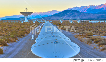 Aerial Owens Valley Radio Observatory Array and Sierra Nevada Mountain Sunrise 137269042