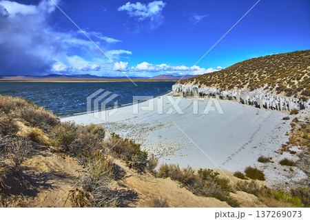Crowley Lake Stone Columns and Rugged Shoreline with Blue Sky and Water Eastern Sierra Crowley Lake Stone Columns and Rugged Shoreline with Blue Sky and Water Eastern Sierra 137269073