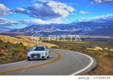 Mountain Road Car and Scenic Valley Landscape Eastern Sierra California 137269159