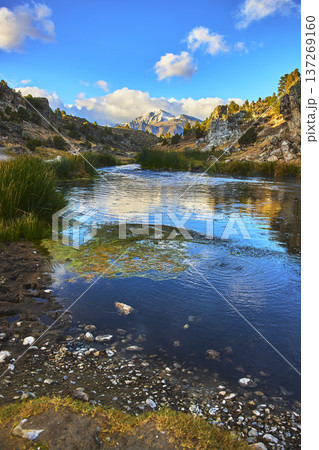 Mountain Snow River and Hot Spring Reflections in Rugged Eastern Sierra Landscape 137269160