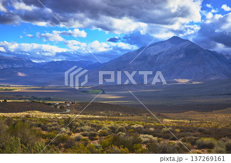 Mountain Landscape with Dramatic Sky and Rural Valley in Eastern Sierra California 137269161