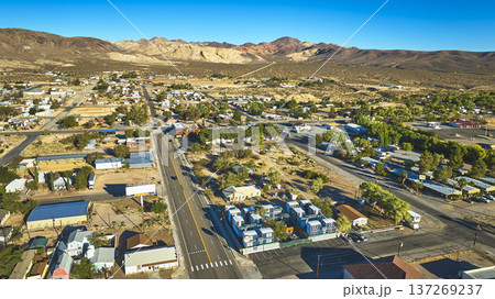 Aerial Beatty Nevada Main Street Residential Townscape with Desert Mountain Background Aerial Beatty Nevada Main Street Residential Townscape with Desert Mountain Background 137269237