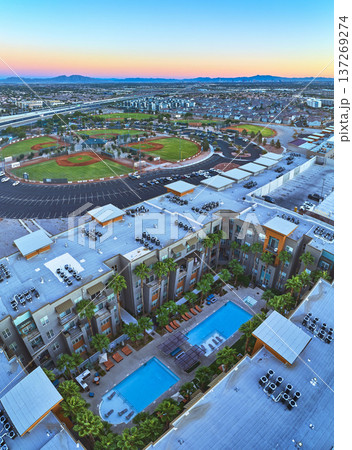 Aerial Mountain Ridge Park Baseball Fields and Modern Apartment Complex Las Vegas 137269274