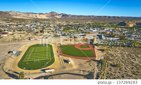 Aerial Football Field Baseball Diamond and Desert Community in Beatty Nevada Aerial Football Field Baseball Diamond and Desert Community in Beatty Nevada 137269283
