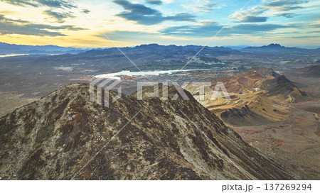 Aerial Lava Butte Mountain and Lake Las Vegas at Sunrise with Expansive Desert View Aerial Lava Butte Mountain and Lake Las Vegas at Sunrise with Expansive Desert View 137269294