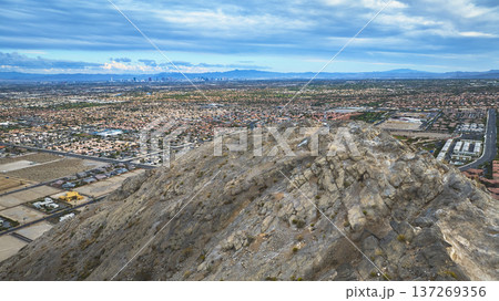 Aerial Lone Mountain Las Vegas Suburbs and Distant Strip Skyline Nevada Aerial Lone Mountain Las Vegas Suburbs and Distant Strip Skyline Nevada 137269356