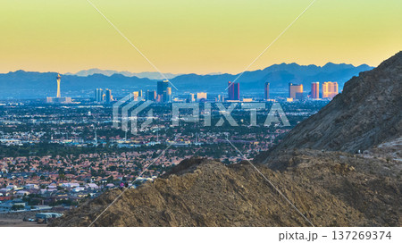 Aerial Las Vegas Strip Lone Mountain and Nevada Suburbs at Golden Hour 137269374
